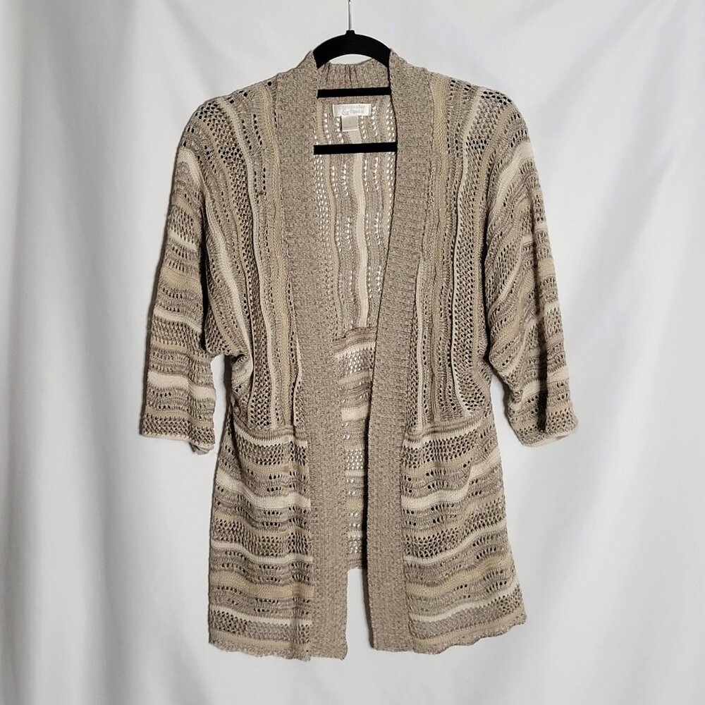 Christopher & Banks Cardigan Sweater Womens XL Striped Tan Beige Cream Open